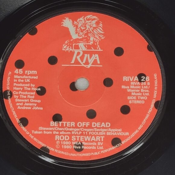 1980 Rod Stewart Passion / Better Off Dead Riva 26 Vinyl 7" 45 RPM - Picture 4 of 5